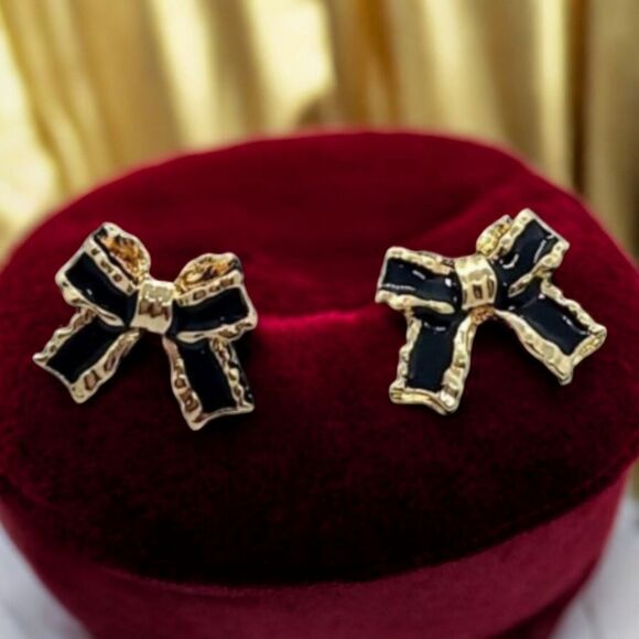 Black & Gold Bow Ribbon Earrings On Trend Bowtie Detail Shaped Bowknot Studs - Picture 4 of 10